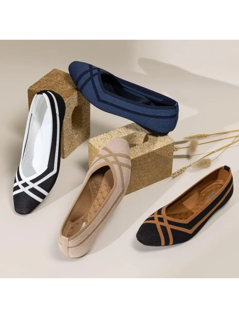 Frank Mully Women's Beige Rubber Knitted Square Toe Comfortable Slip On Flats